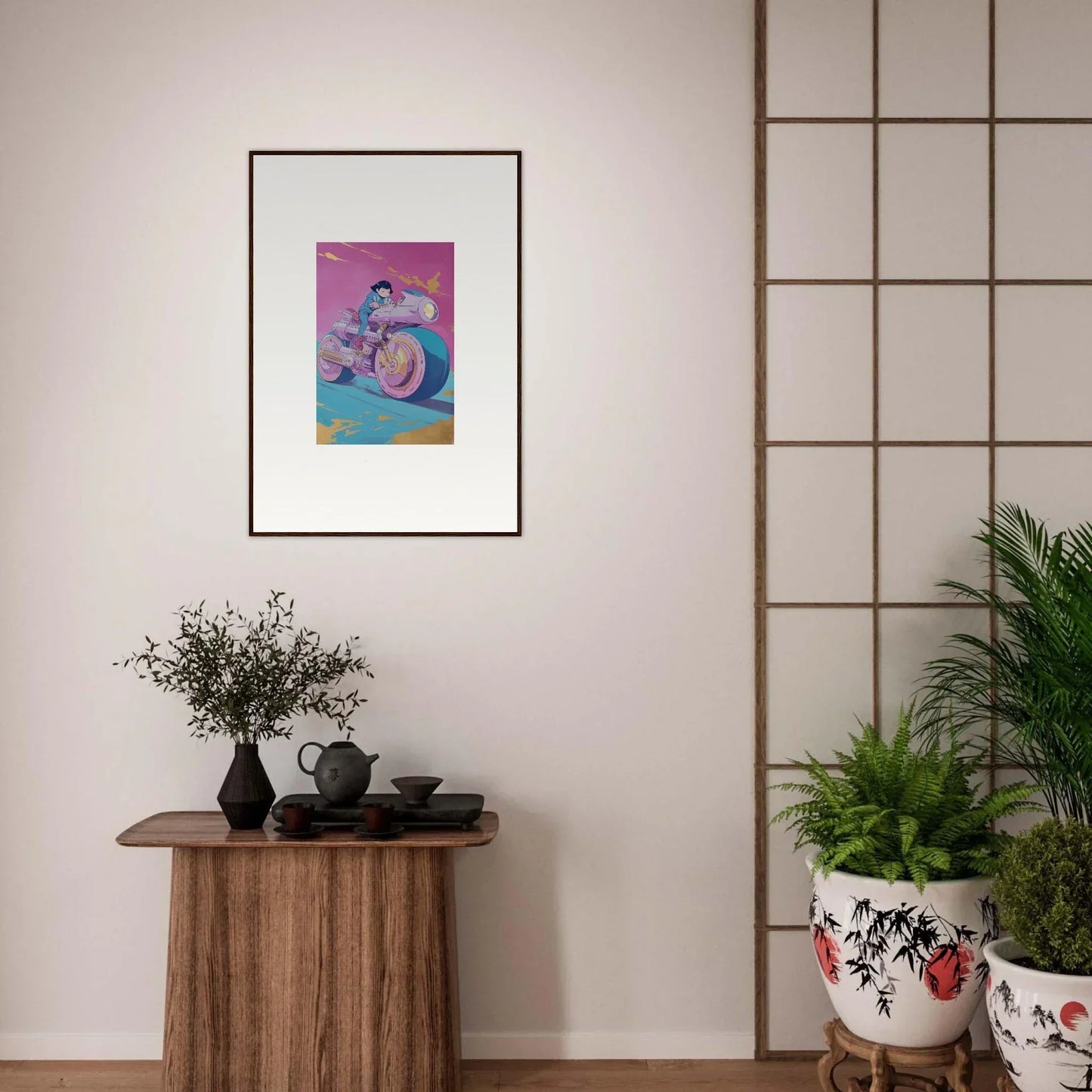 Colorful canvas print of a scooter ride symphony on pink, fun room decoration idea