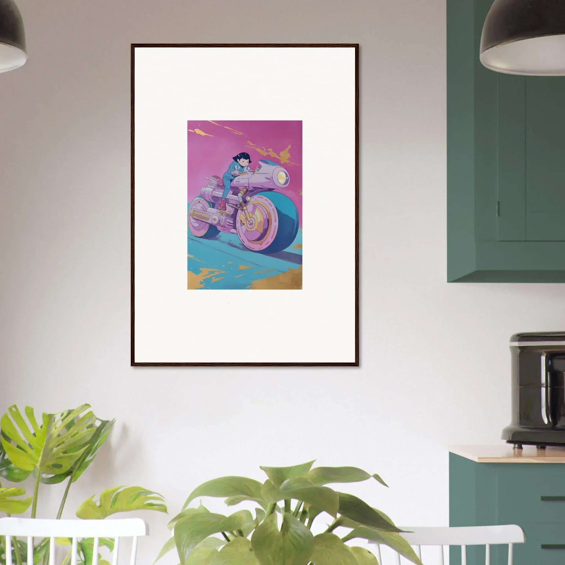 Framed artwork of a person on a colorful motorcycle for cool room decoration