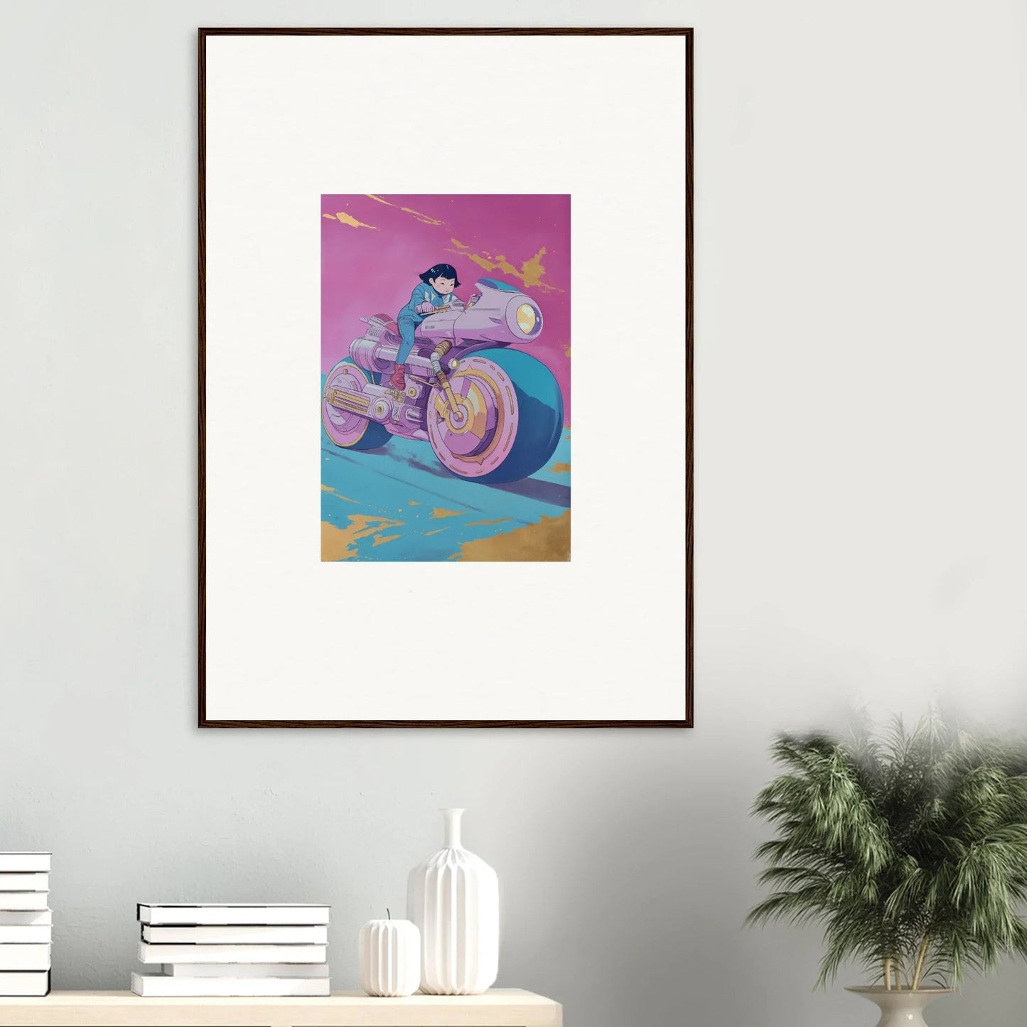 Framed canvas print of a stylish motorcyclist on a colorful bike for ride symphony vibes