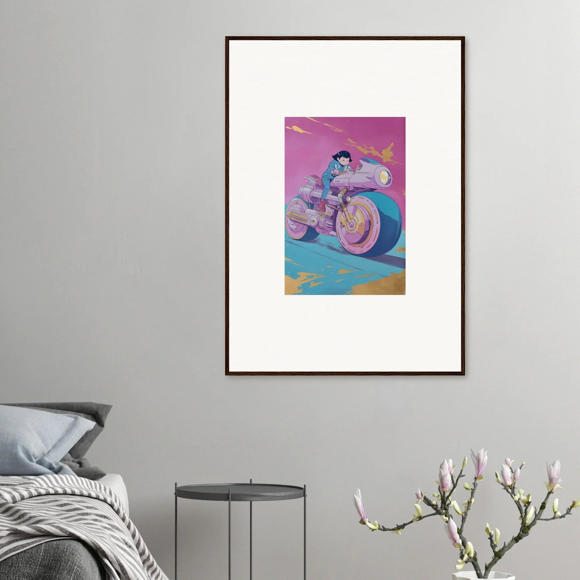 Framed canvas print of anime character on a futuristic bike for cool room decoration