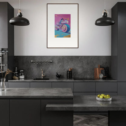 Modern dark gray kitchen featuring a colorful canvas print for stylish room decoration