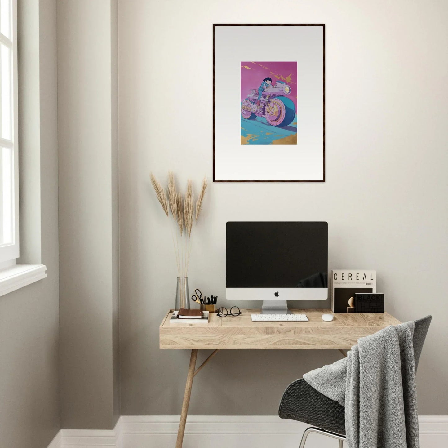 Minimalist home office with wooden desk, computer, and Canvas Print for room decoration