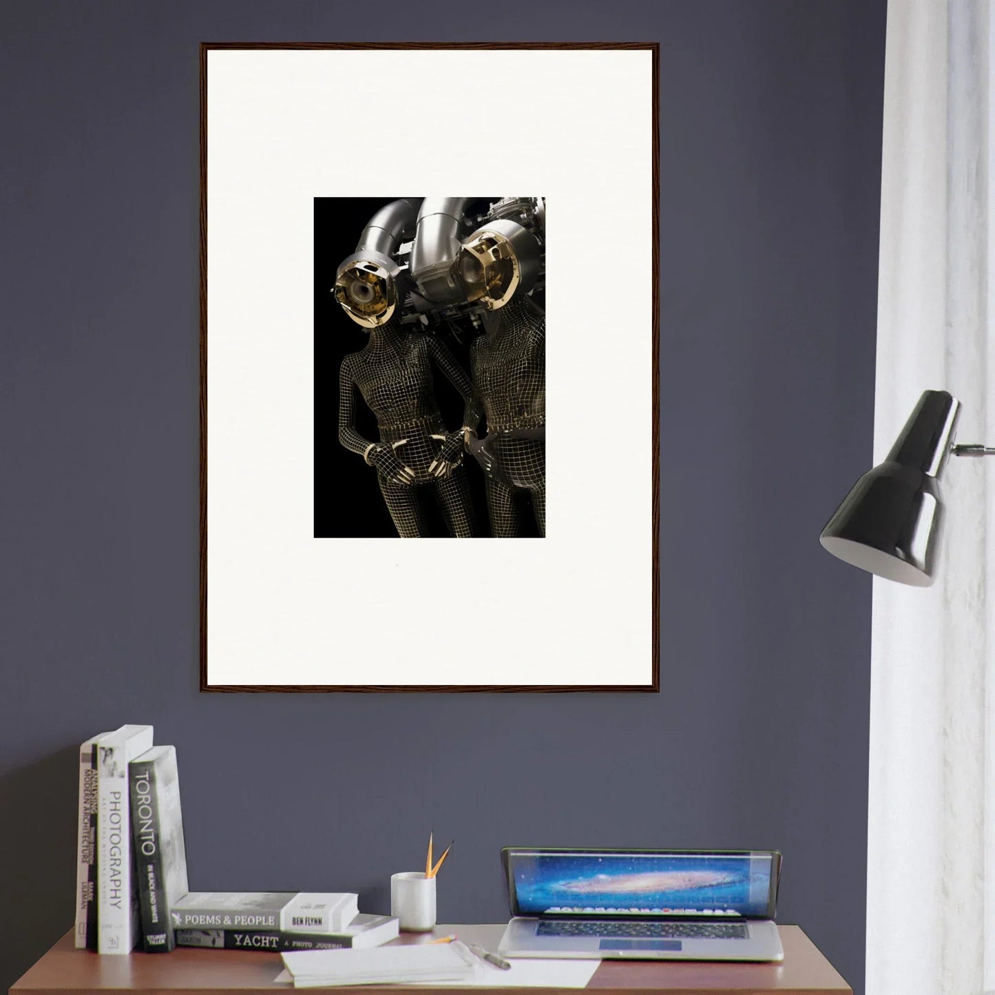 Framed canvas print of medieval knight’s armor for unique synth boundaries room decoration