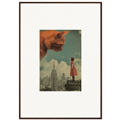 Surreal collage of a giant cat head and cityscape, perfect for whimsical room decor