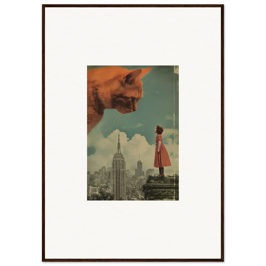 Surreal collage of a giant cat head and cityscape, perfect for whimsical room decor