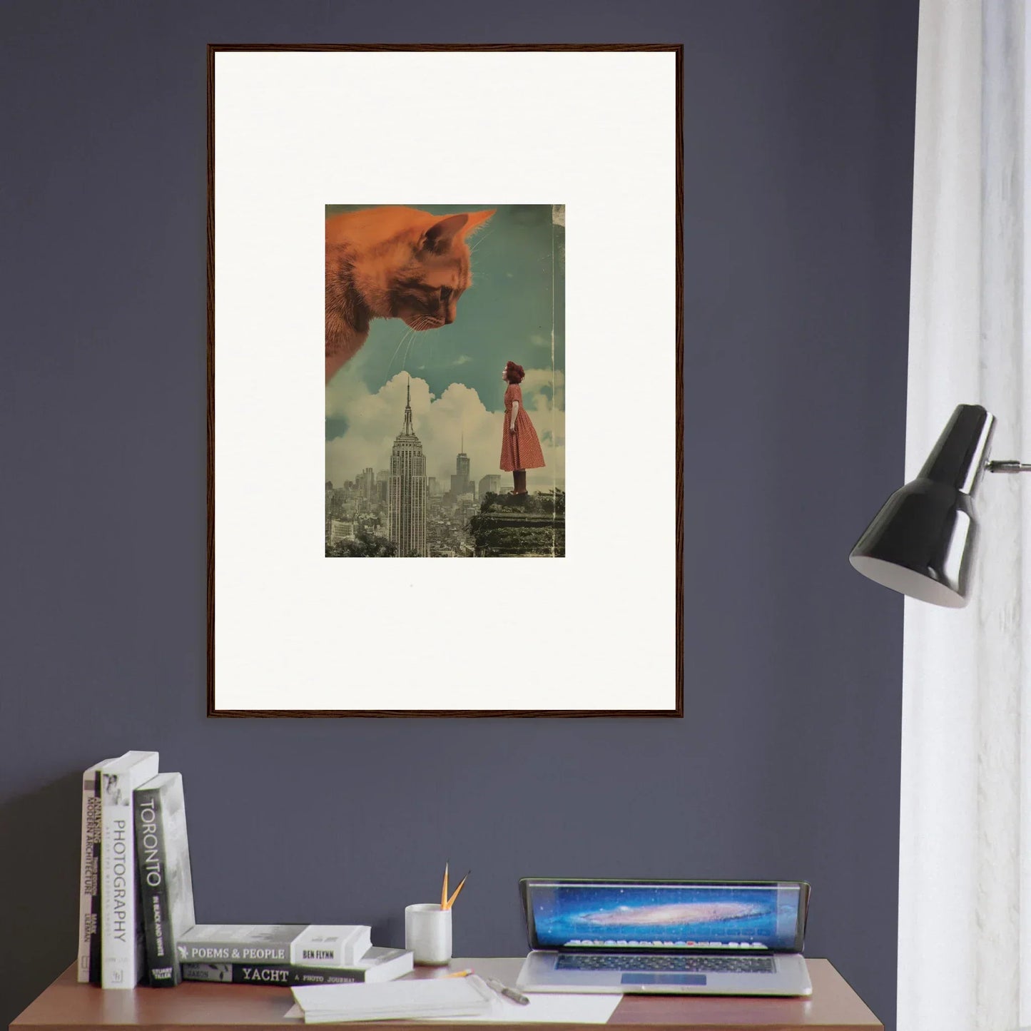 Framed surrealist wall art depicting a giant cat and woman, perfect for whimsy glance room decor