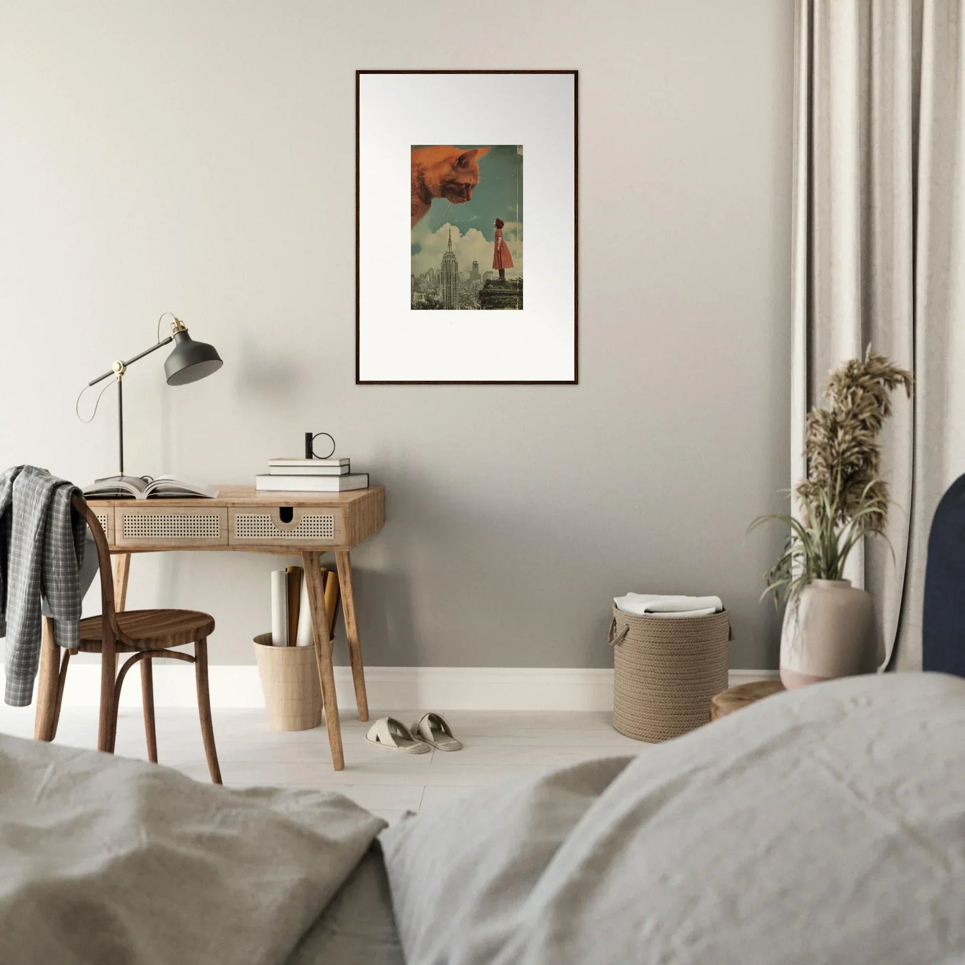 Framed wall art of a surreal scene highlighting whimsy glance in modern room decor