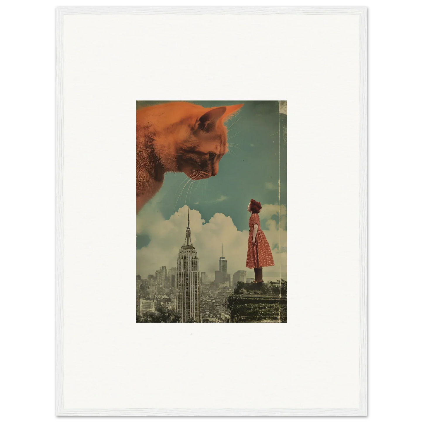 Surreal collage of a giant cat head over a city, perfect for whimsy glance wall art