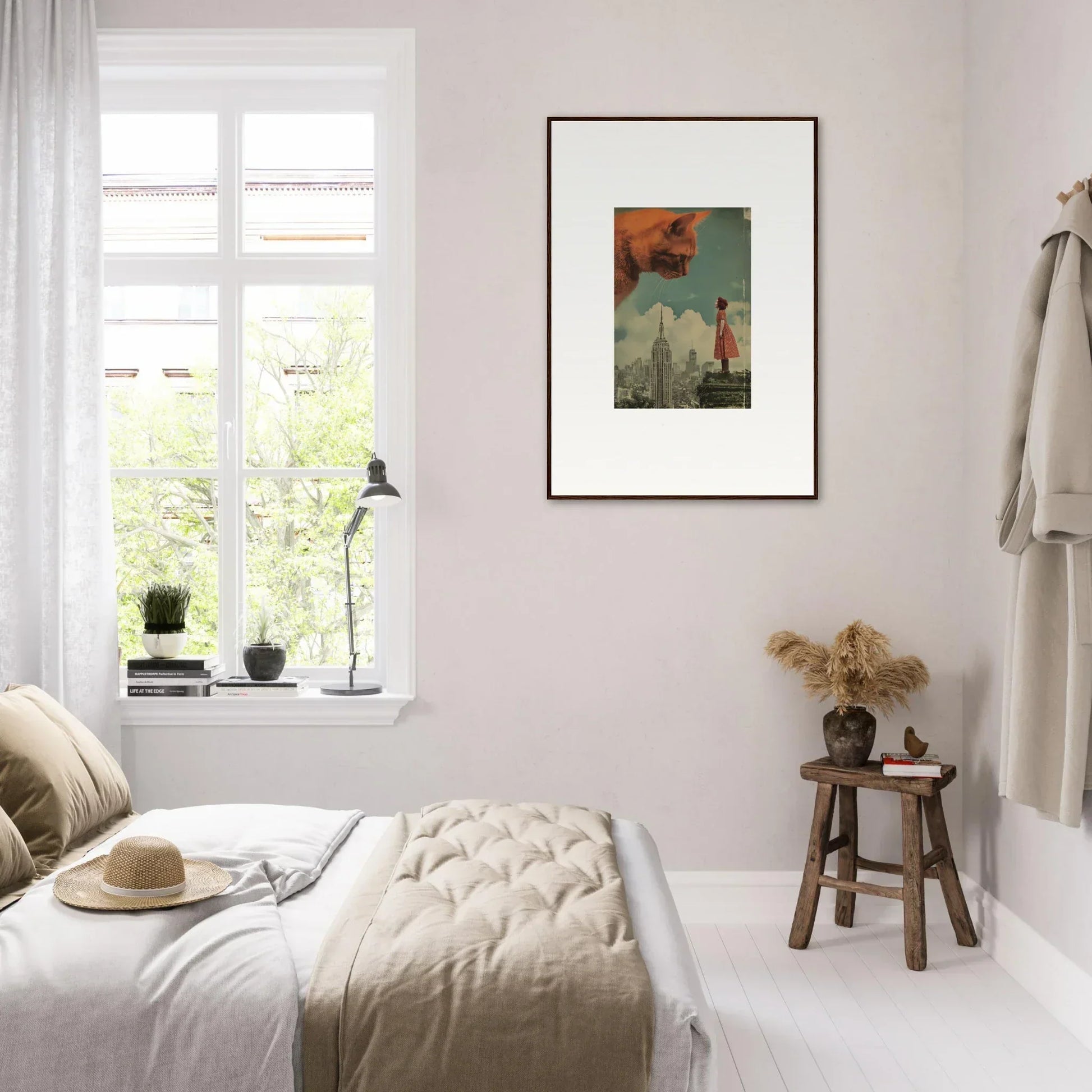 Bright, airy bedroom with minimalist room decor and whimsical framed wall art