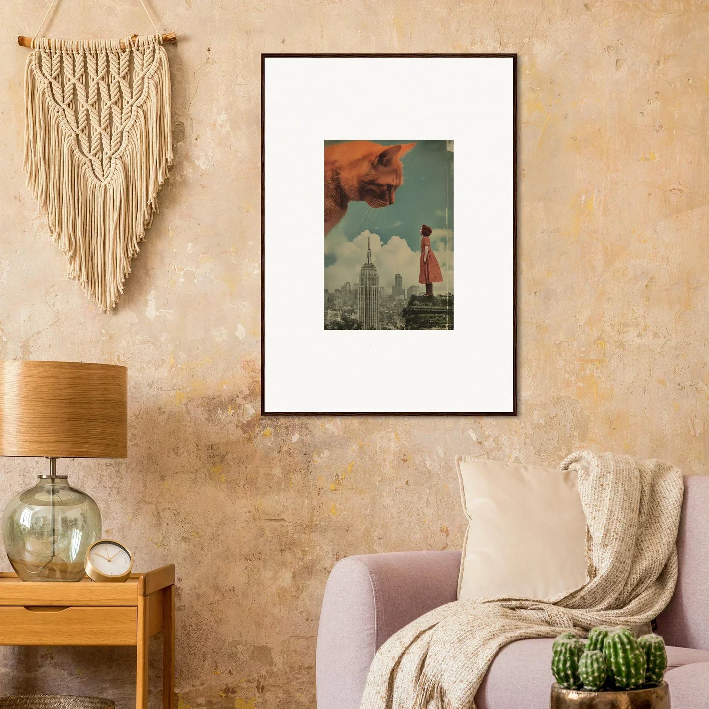 Framed surrealist artwork of a giant cat and figure, perfect whimsical room decor