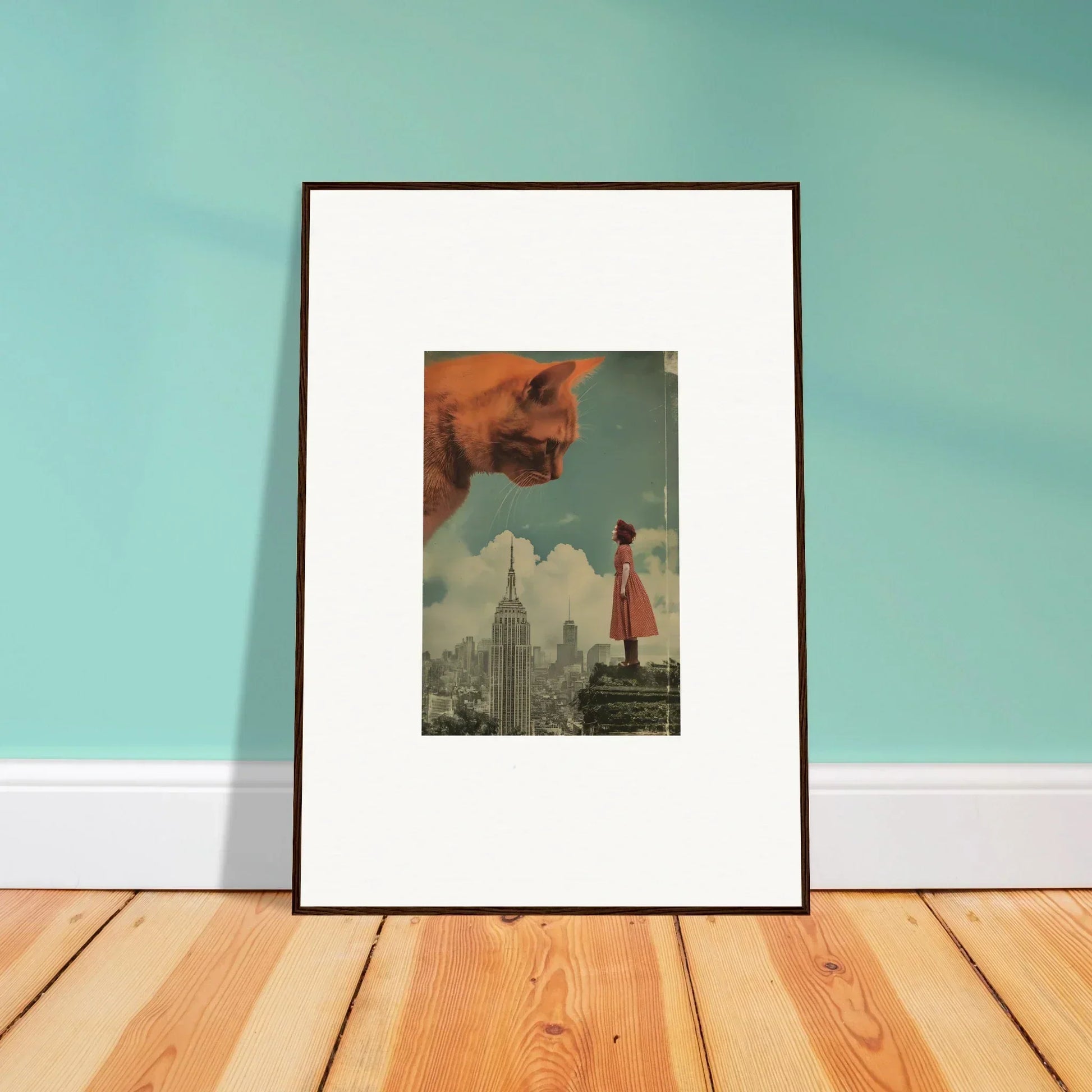 Framed surrealist artwork of a giant cat observing a figure, perfect for whimsy glance room decor