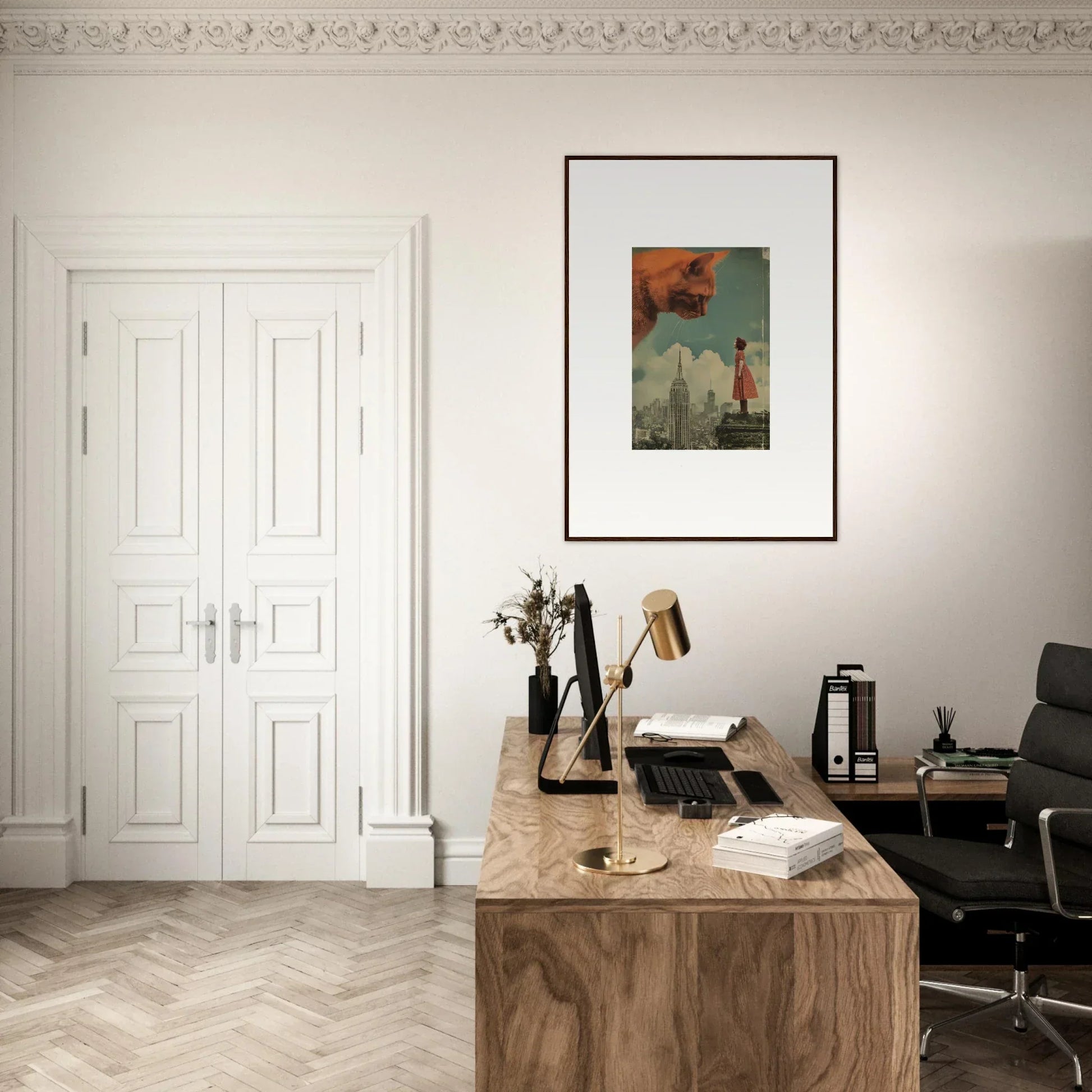 Wooden desk with typewriter and books in a minimalist workspace for whimsy glance room decor