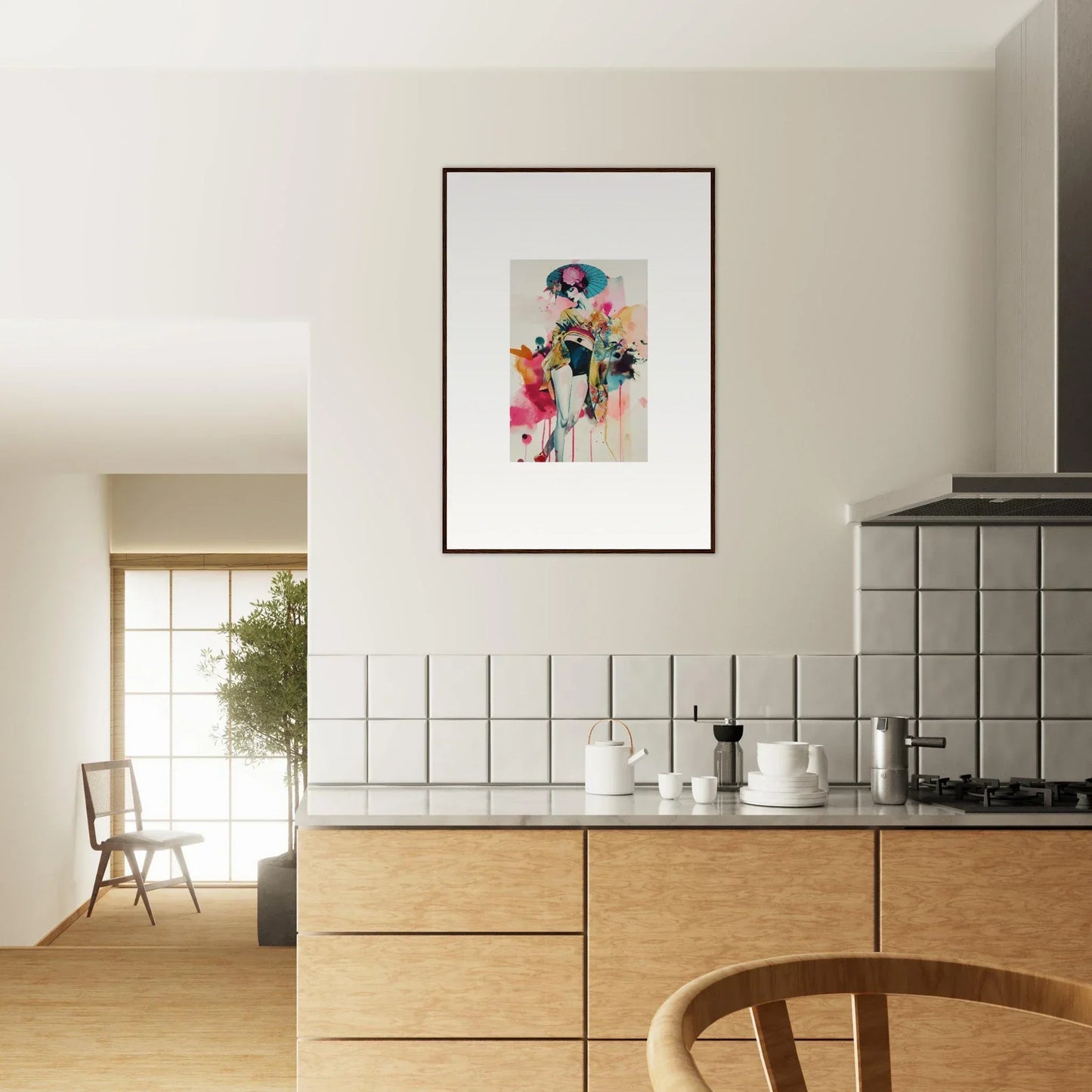 Modern kitchen with light wood cabinets and candy fantasia framed wall art for stylish room decor