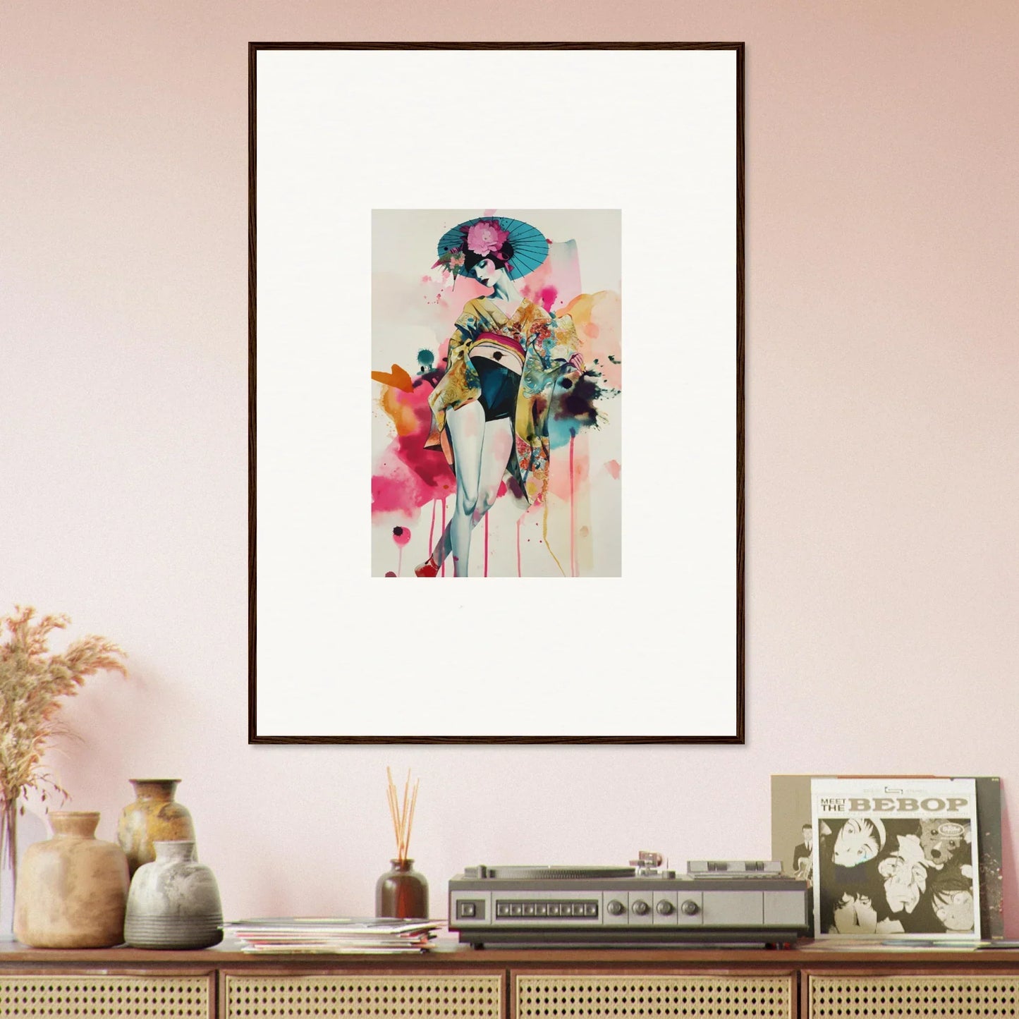 Framed Candy Fantasia abstract watercolor of a vibrant female figure for room decor