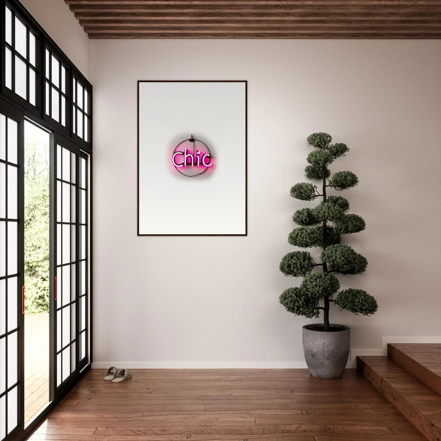 Framed wall art featuring a pink neon Chic sign for stylish room decor by Espress Plaissant