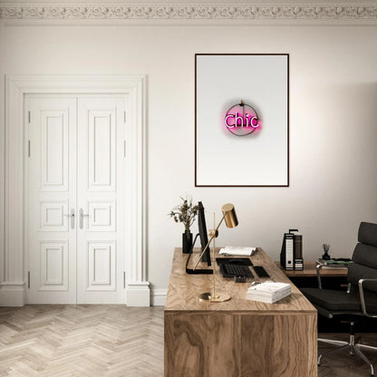 Pink neon sign with chic in circular frame for stylish room decor and Framed Wall Art