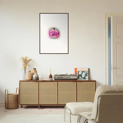 Framed pink neon sign saying Chic as stylish room decor in Espress Plaissant collection