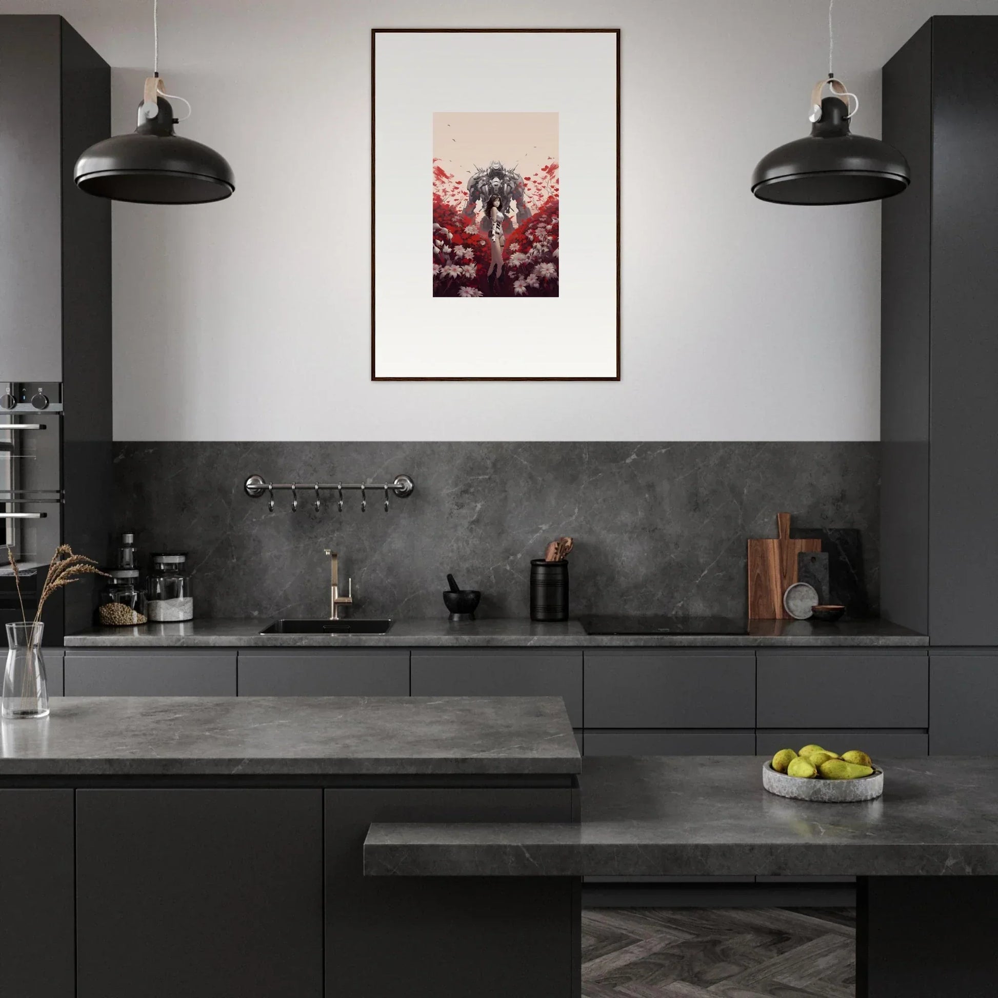 Modern kitchen with dark cabinets and Boundary Whimsy canvas print for room decoration