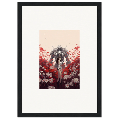 Humanoid robot surrounded by red and white flowers, perfect for boundary whimsy room decoration