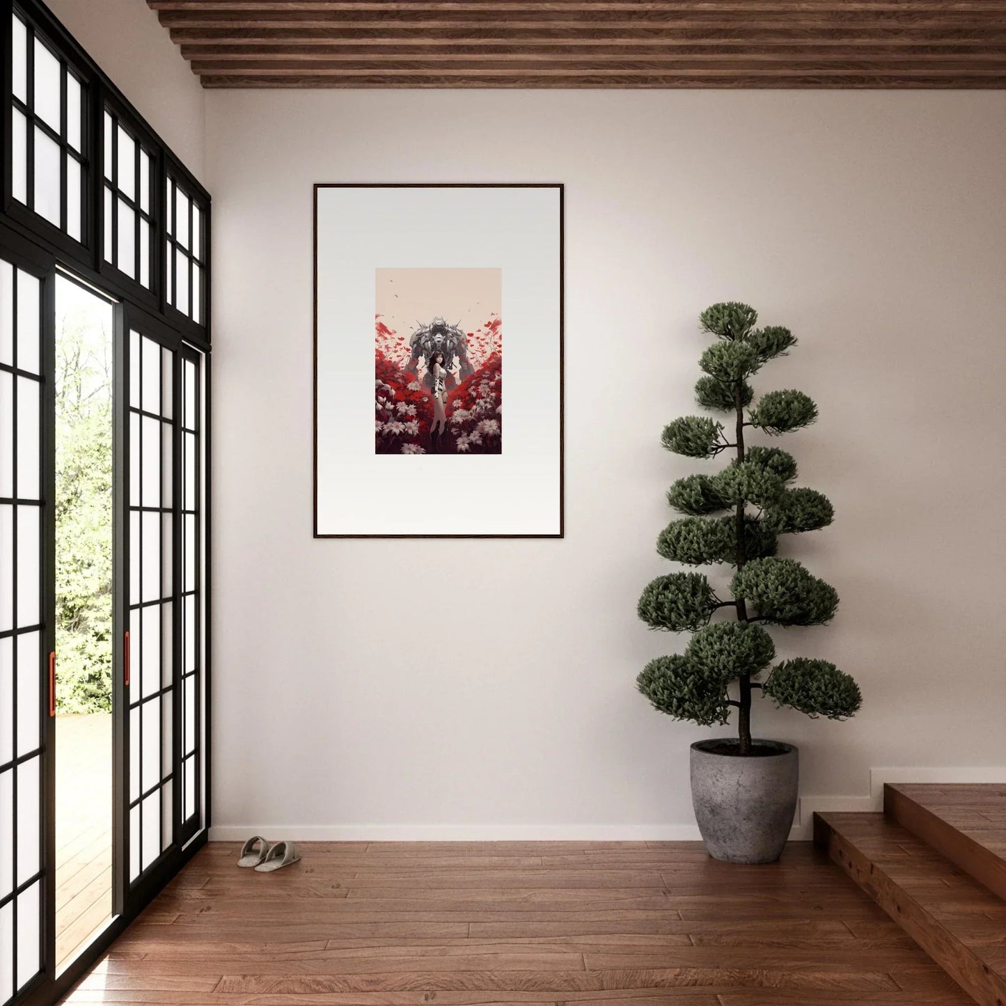 Framed canvas print of Boundary Whimsy with a figure in red foliage for room decoration