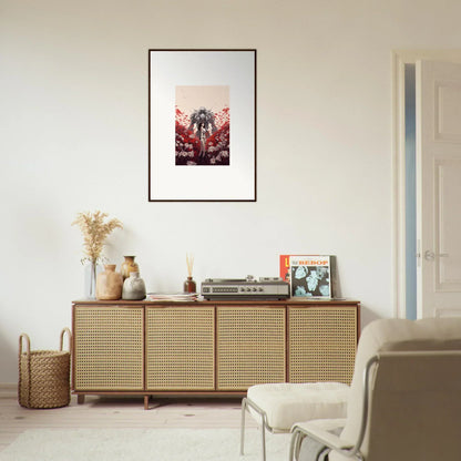 Framed Boundary Whimsy canvas print above a wooden sideboard for chic room decoration