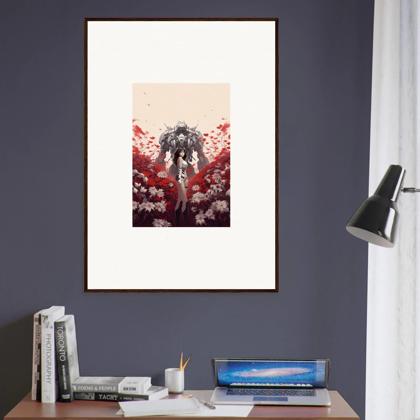 Framed Canvas Print of Crimson Boundary Whimsy with Dark Figure and Floral Design