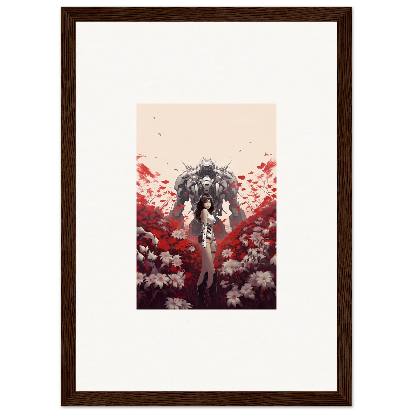 Robotic figure among red and white flowers in a Boundary Whimsy canvas print