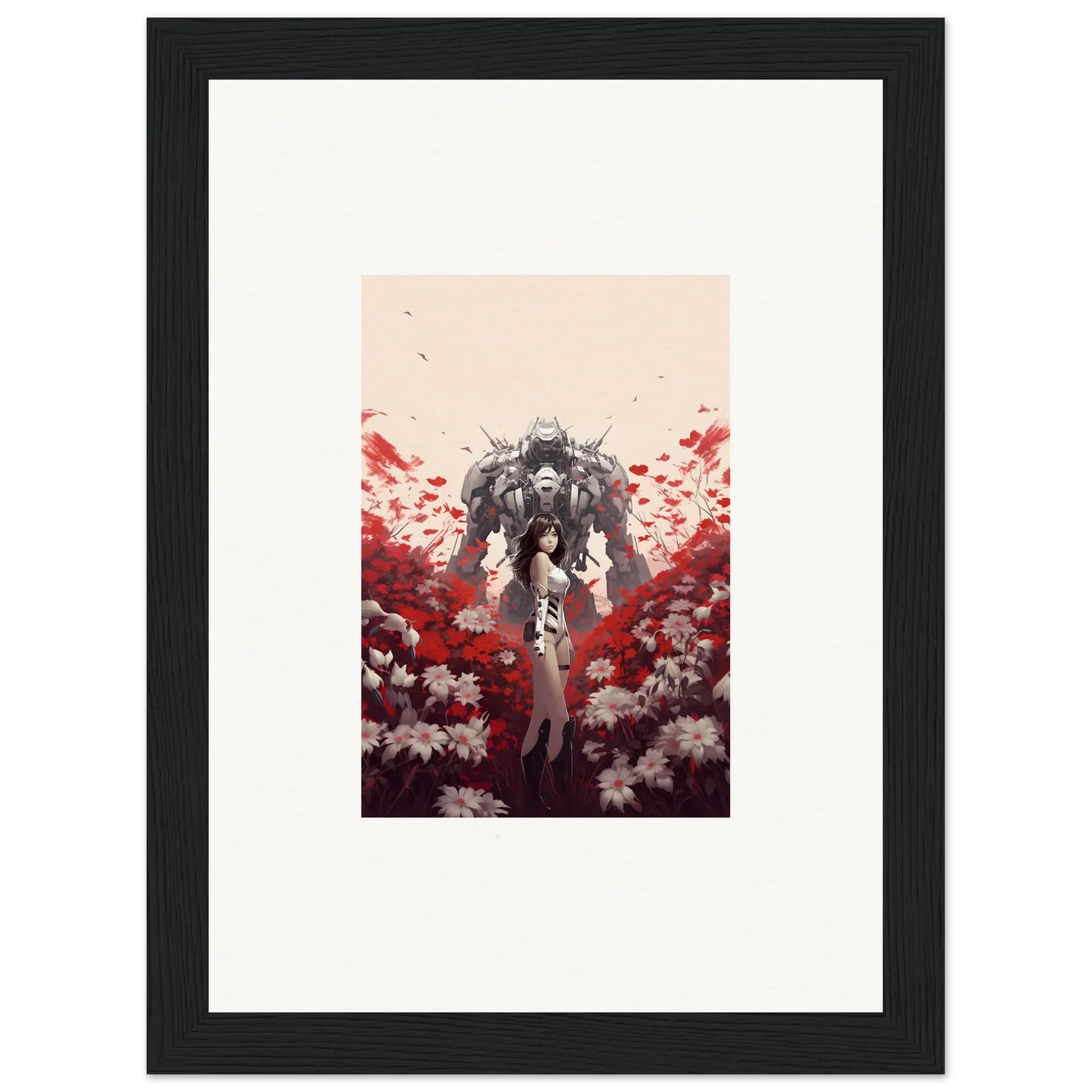 Framed canvas print of Crimson Boundary Whimsy with flowers and a robotic figure