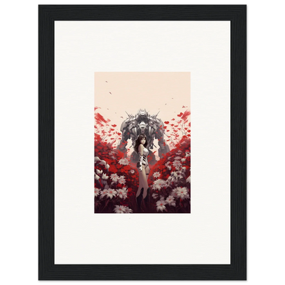 Framed canvas print of Crimson Boundary Whimsy with flowers and a robotic figure