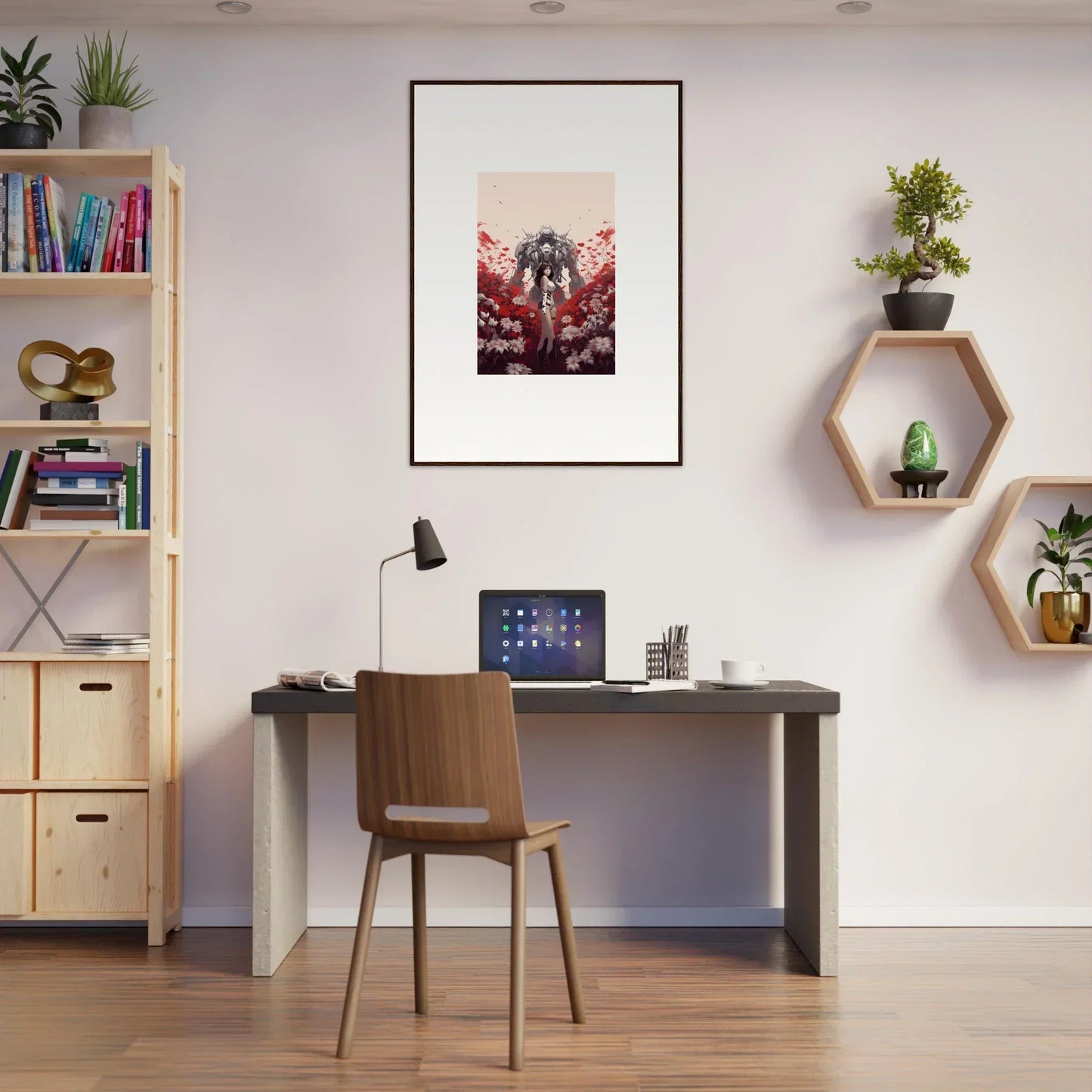 Modern home office with stylish desk, chair, and Boundary Whimsy canvas print for room decoration