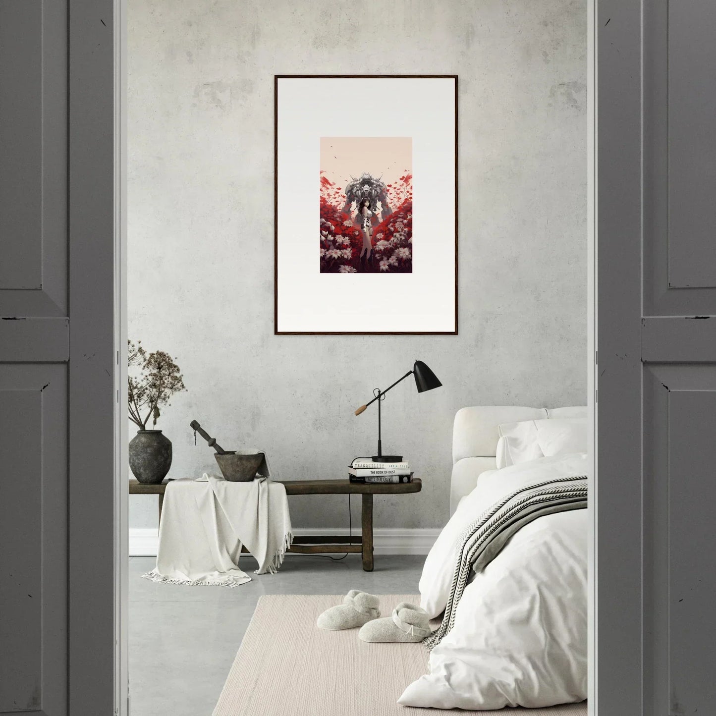 Framed canvas print of Boundary Whimsy figure among vibrant red foliage, perfect room decoration