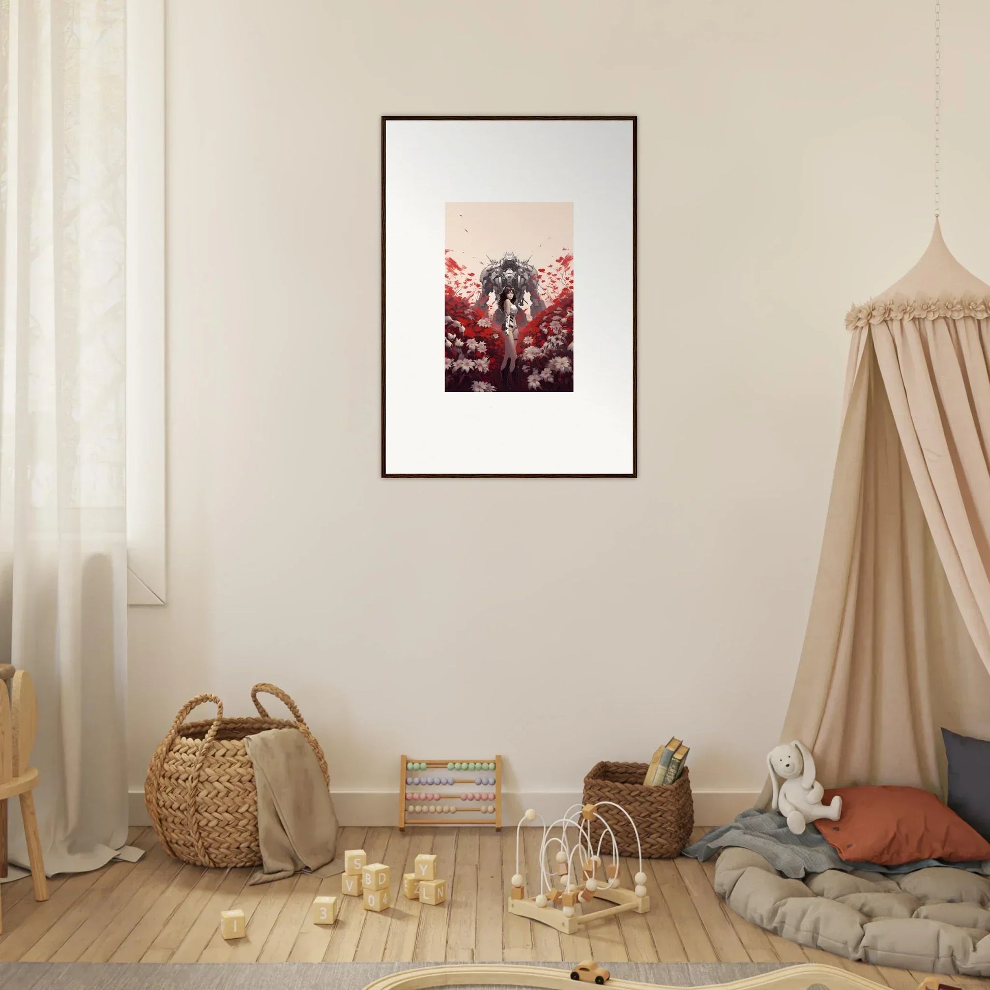 Framed Crimson Boundary Whimsy canvas print with a dark figure in red foliage