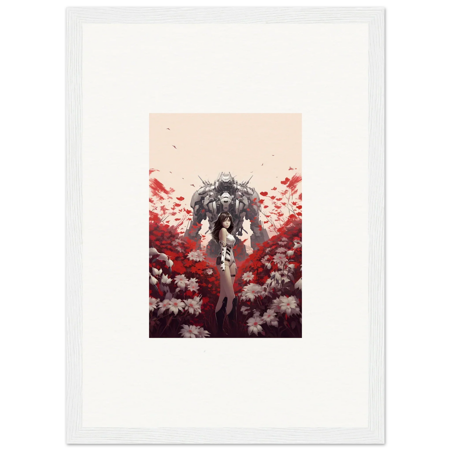 Robotic figure surrounded by red and white flowers for a unique boundary whimsy canvas print