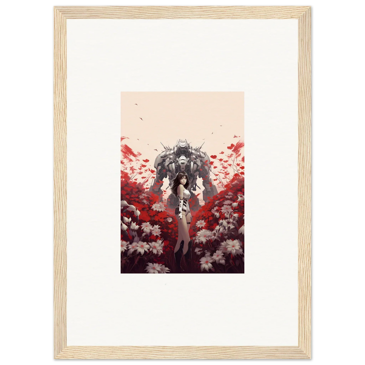 Framed canvas print of a figure in a mech suit among red and white flowers, boundary whimsy