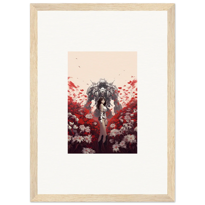 Framed canvas print of a figure in a mech suit among red and white flowers, boundary whimsy