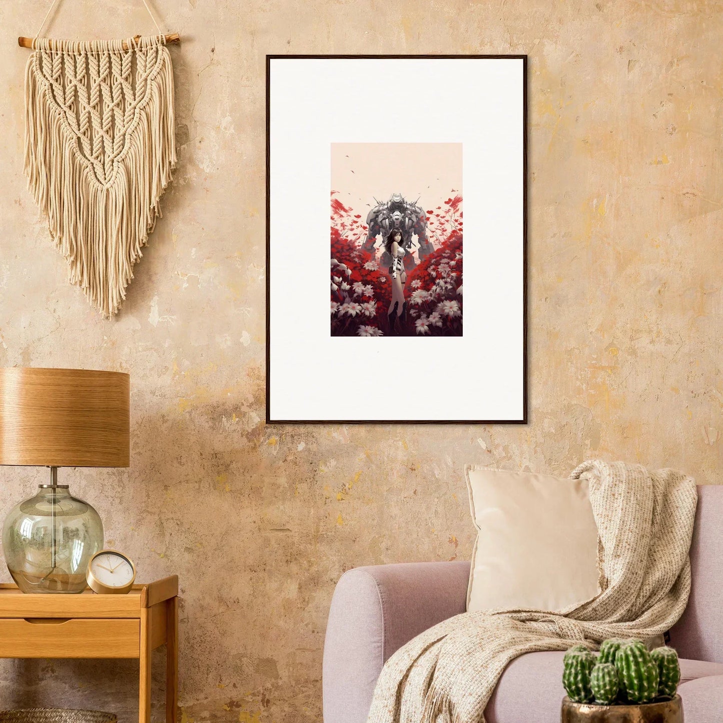 Framed canvas print of Boundary Whimsy with a figure and red floral accents for room decoration