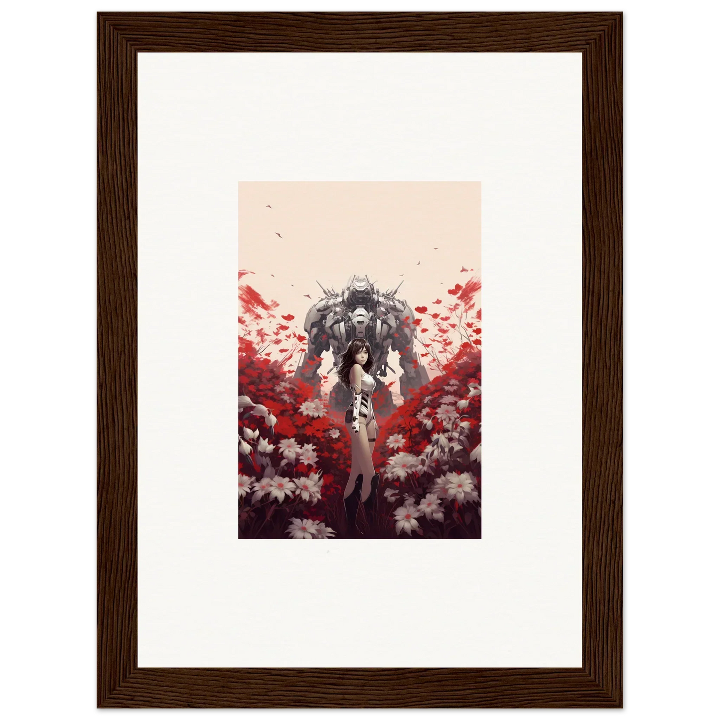 Robotic figure in flowers for a playful boundary whimsy canvas print room decoration