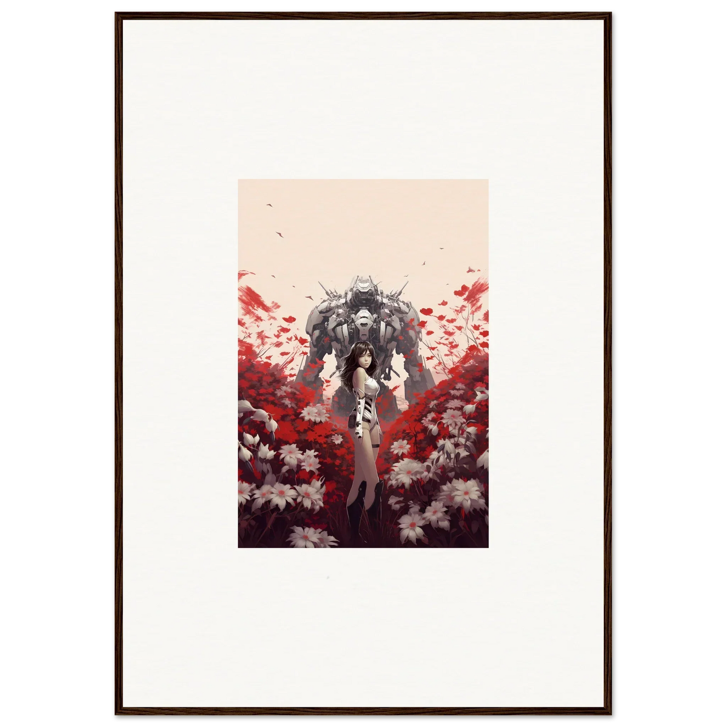 Robotic figure in red and white flowers for Boundary Whimsy room decoration canvas print