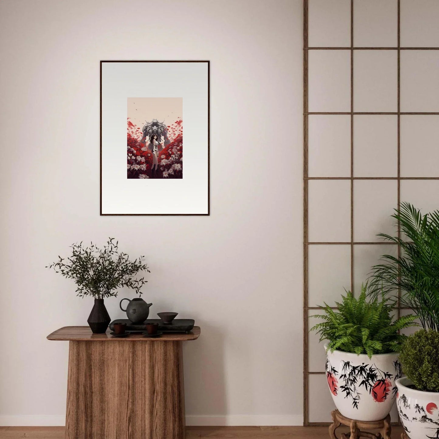 Framed canvas print of a dark figure in red, perfect for boundary whimsy room decoration