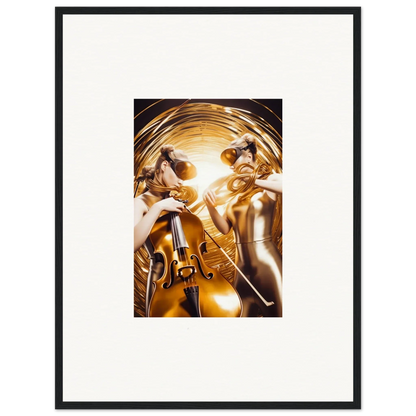 Framed wall art of golden figures with instruments in a cosmic etudes style for room decor