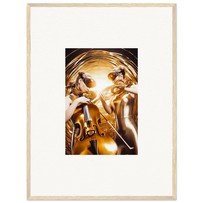 Framed wall art of cosmic etudes with golden figures playing musical instruments