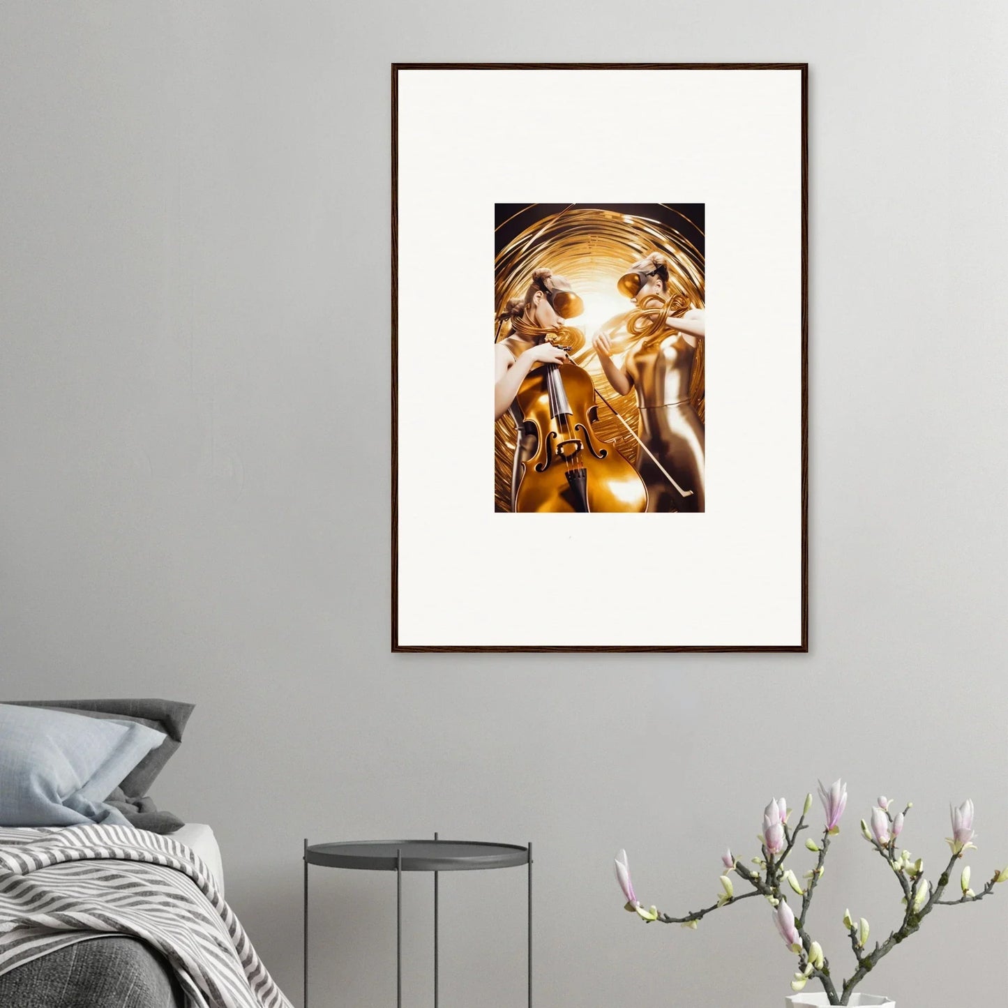 Framed wall art of a golden abstract figure from Cryonic Cosmic Etudes for room decor