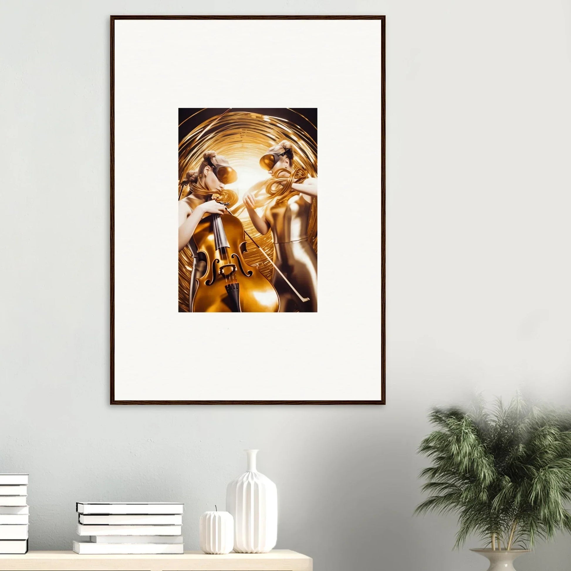 Framed wall art featuring abstract golden figures in cosmic etudes for stylish room decor