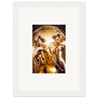 Framed wall art of golden figures with instruments in Cosmic Etudes style for room decor