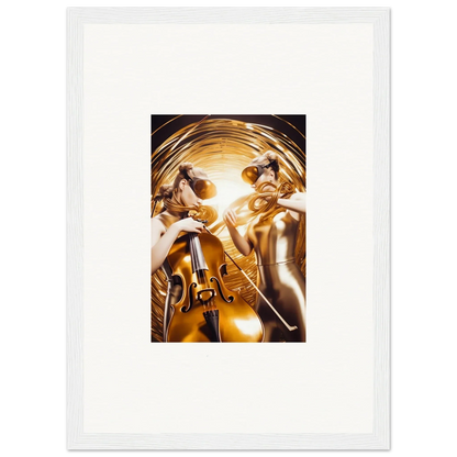 Framed wall art of golden figures with instruments in abstract cosmic etudes style