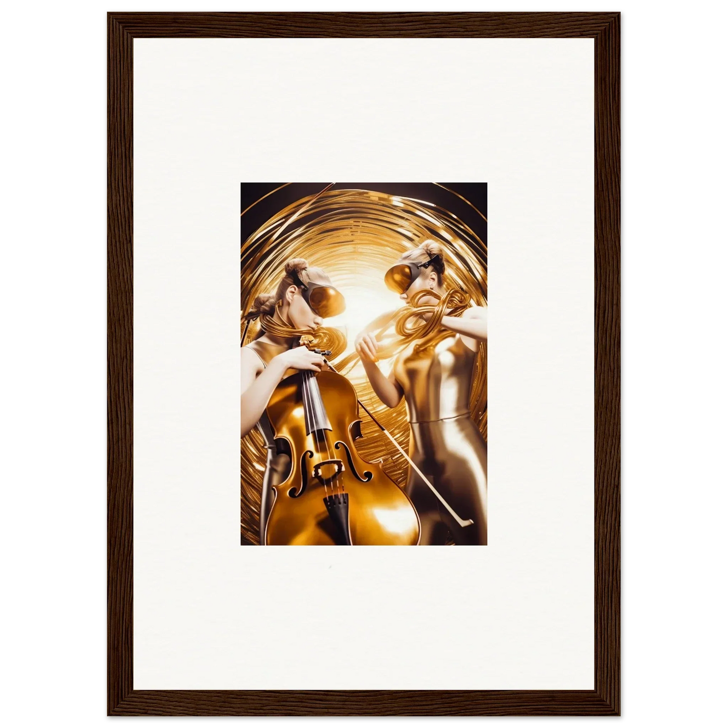 Framed wall art of golden figures with instruments in Cryonic Cosmic Etudes design