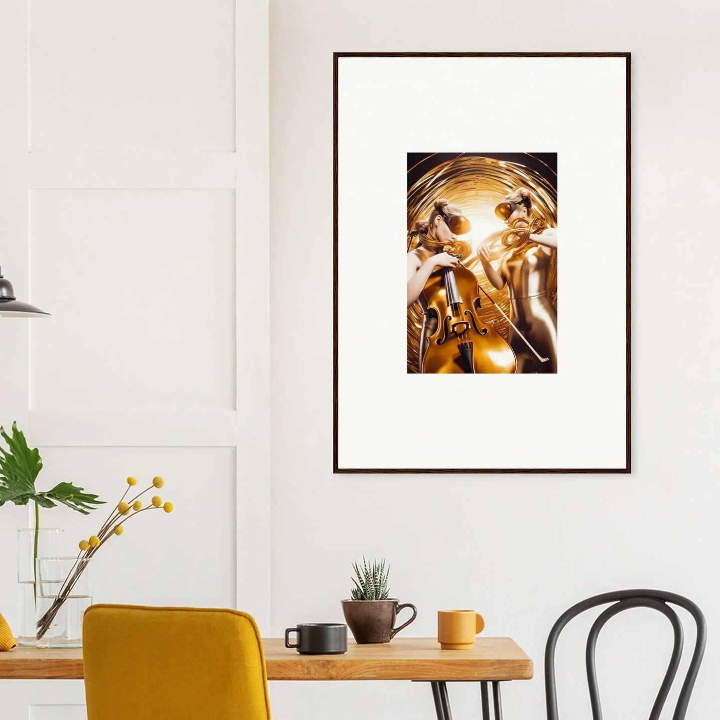 Framed wall art of golden abstract shapes in cosmic etudes for stylish room decor