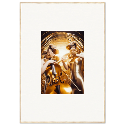 Framed wall art of golden figures and violin in abstract cosmic etudes style