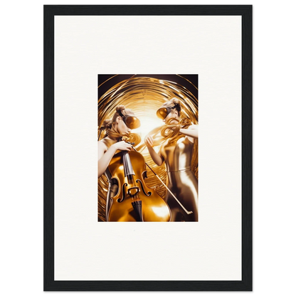 Framed wall art of golden figures playing a violin in cosmic etudes style for room decor