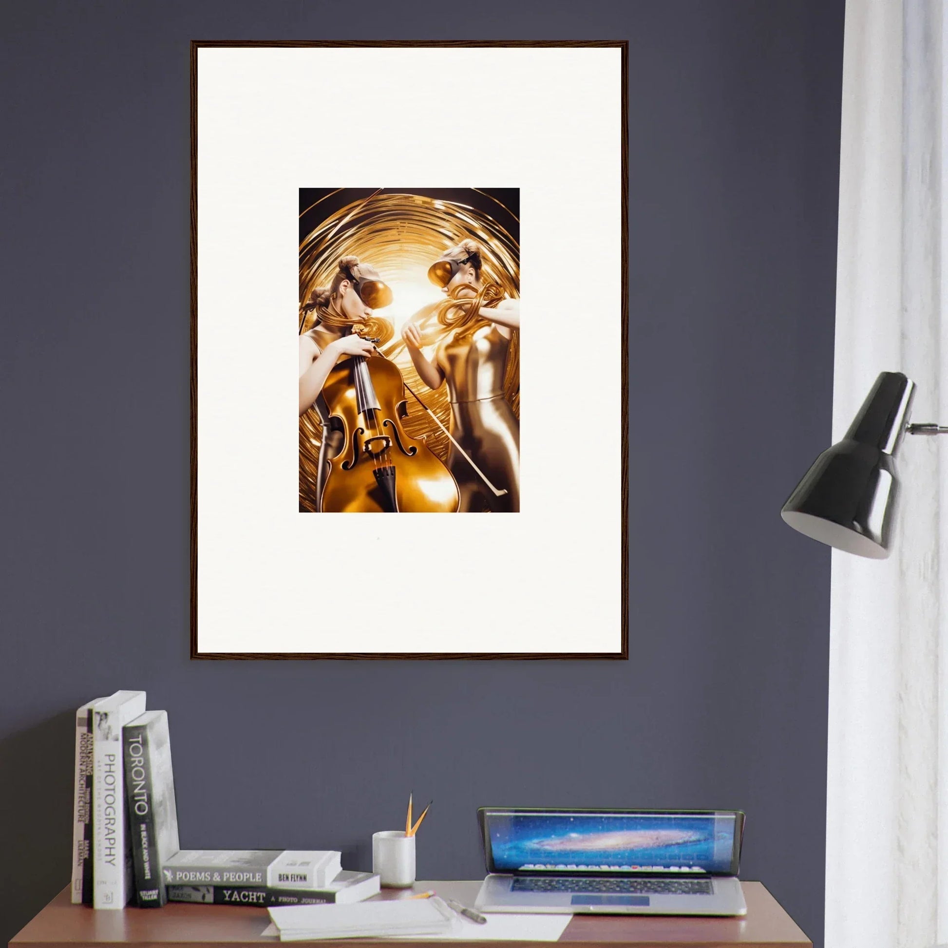 Framed wall art of golden figures in swirling abstract design for cosmic etudes room decor